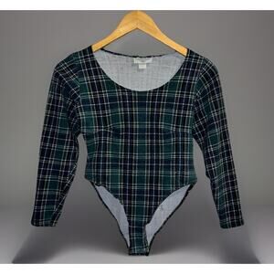 Vtg OSC Plaid Bodysuit Leotard - Green Blue Tartan - Long Sleeve - Size S